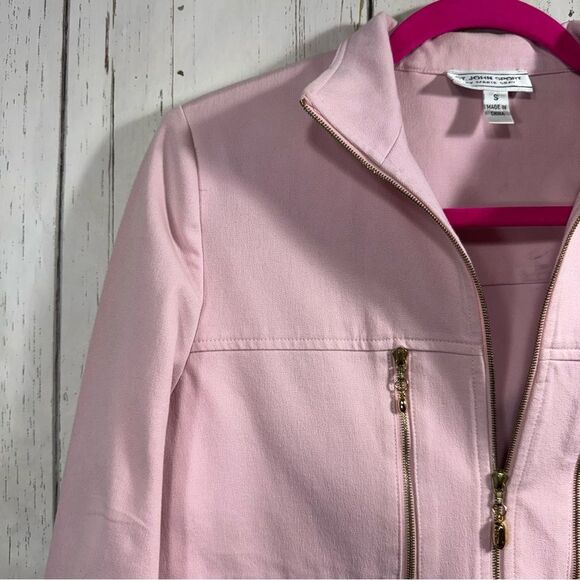 St John Sport By Marie Jacket Stretch Cotton Zipper Gold Detail Soft Pink Pocket - Picture 2 of 15